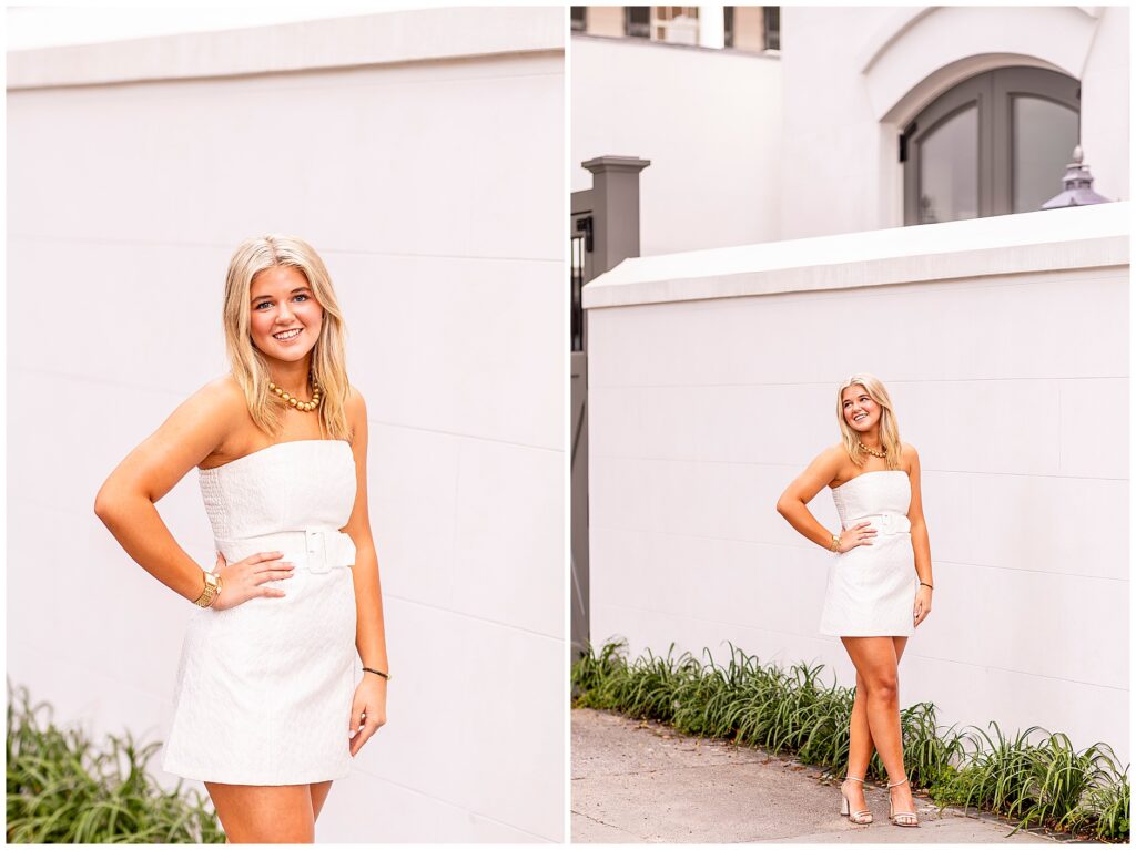 Elegant Charleston senior portraits with a joyful Philip Simmons high school senior in a white dress and warm morning light.