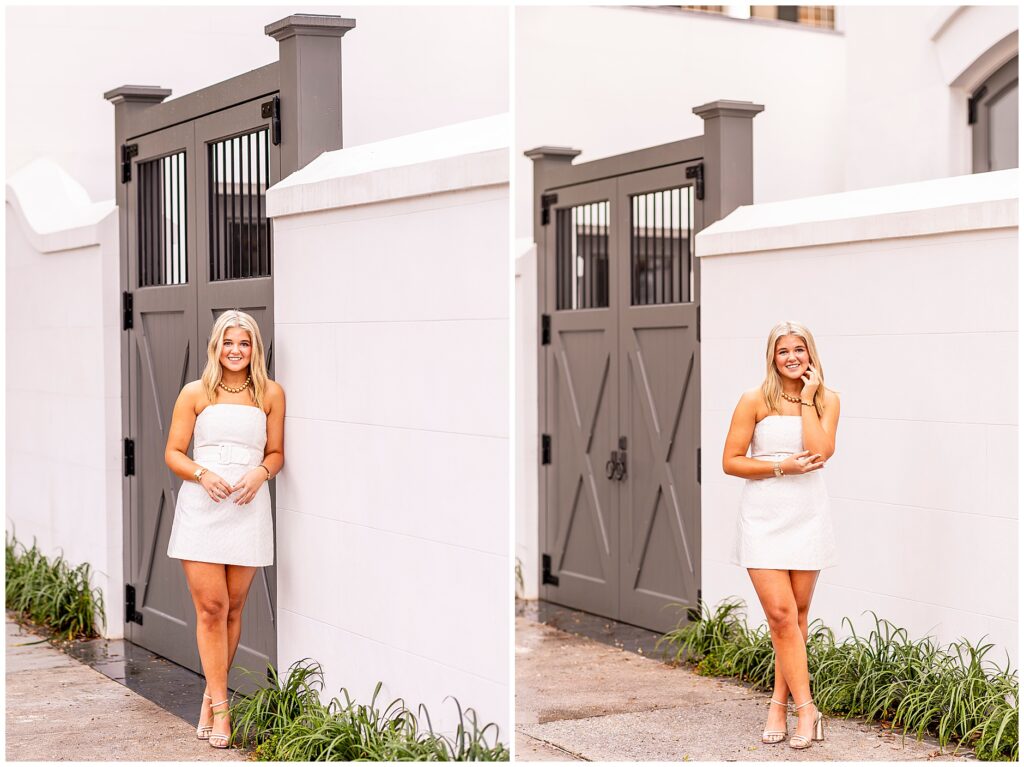 Philip Simmons high school senior in a white dress smiling during her sunrise senior portraits on Meeting Street in Downtown Charleston SC.