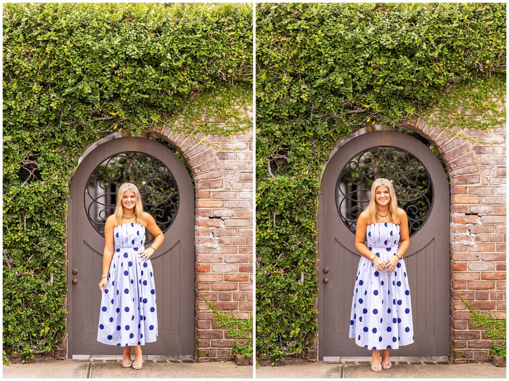 Candid senior photos of a girl laughing in a blue polka-dot dress during her elegant Charleston senior session on Tradd Street.