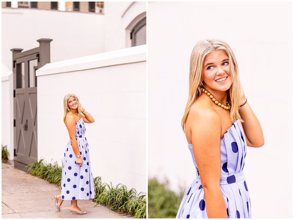 Charleston senior photographer captures timeless portraits of a senior in a blue dress on Meeting Street at sunrise.