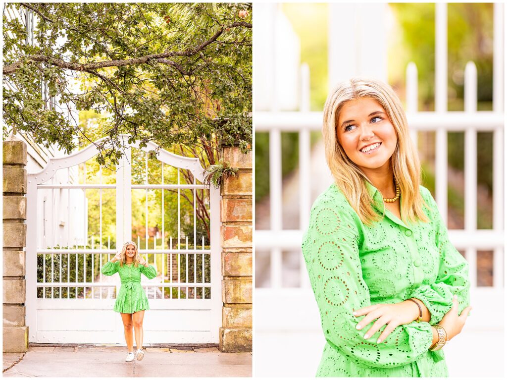Senior in green dress walking down Meeting Street during her Charleston sunrise senior photography session.