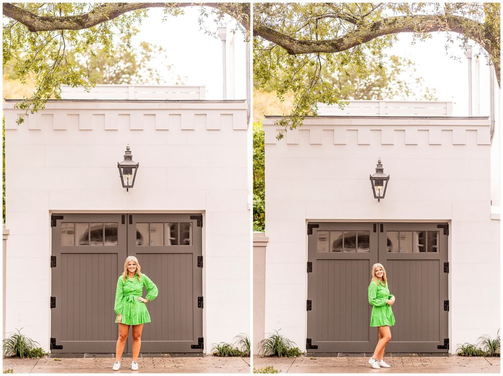 Chic senior portraits in Charleston SC featuring a senior girl in a green dress surrounded by colorful homes and warm light.