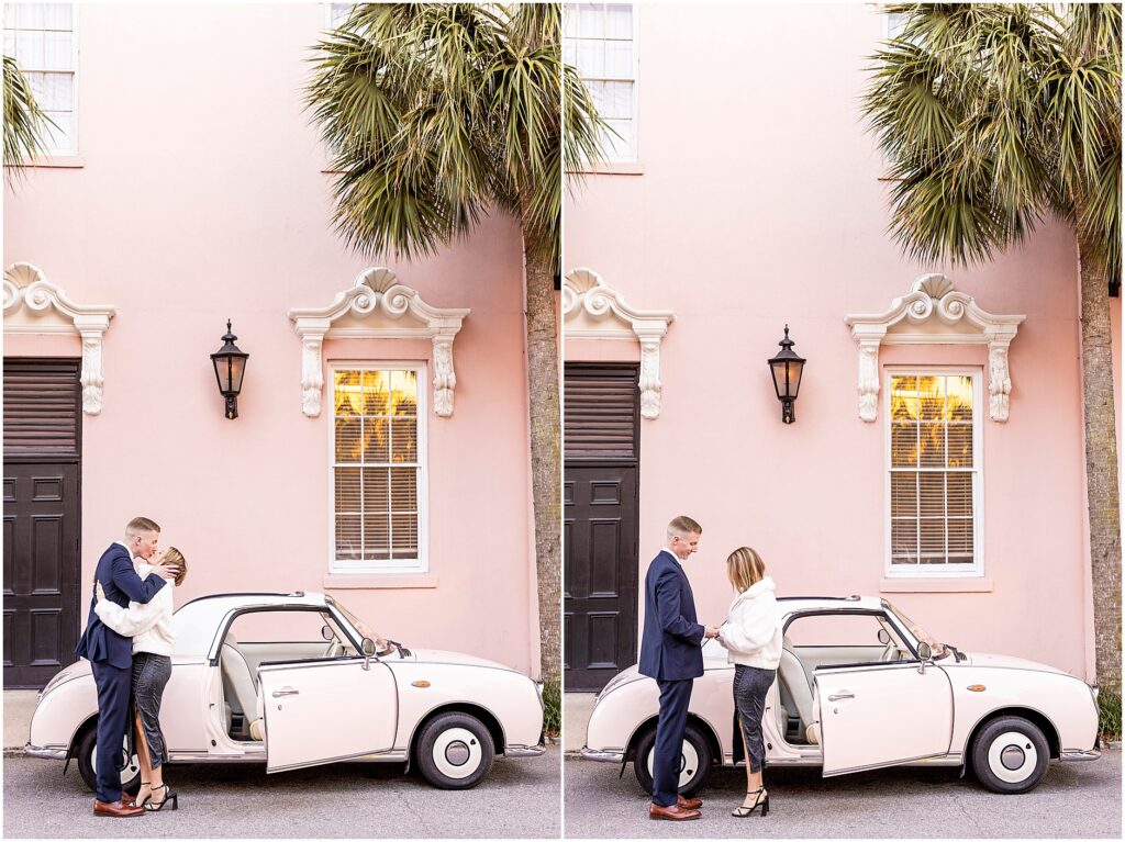 Matt proposing to Taylor surrounded by Charleston charm at The Pink Figgy.