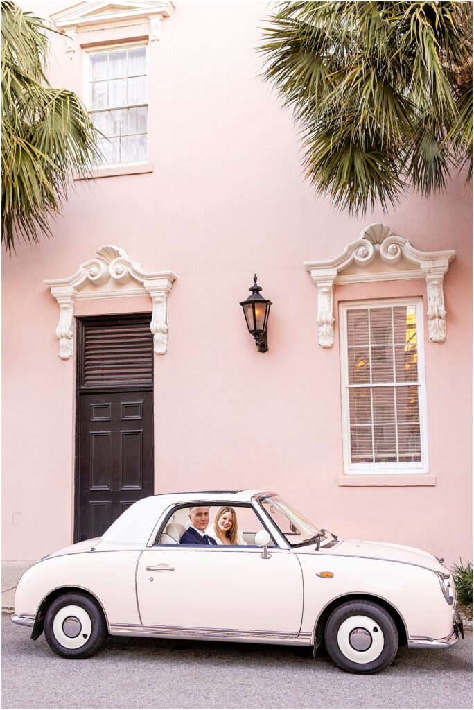 The Pink Figgy’s iconic pink exterior during Matt and Taylor’s engagement session.