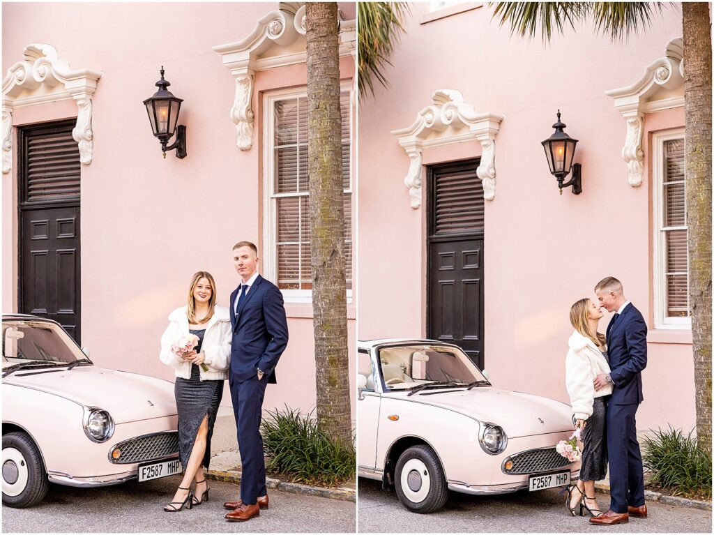 Newly engaged couple celebrating with smiles and laughter at The Pink Figgy.