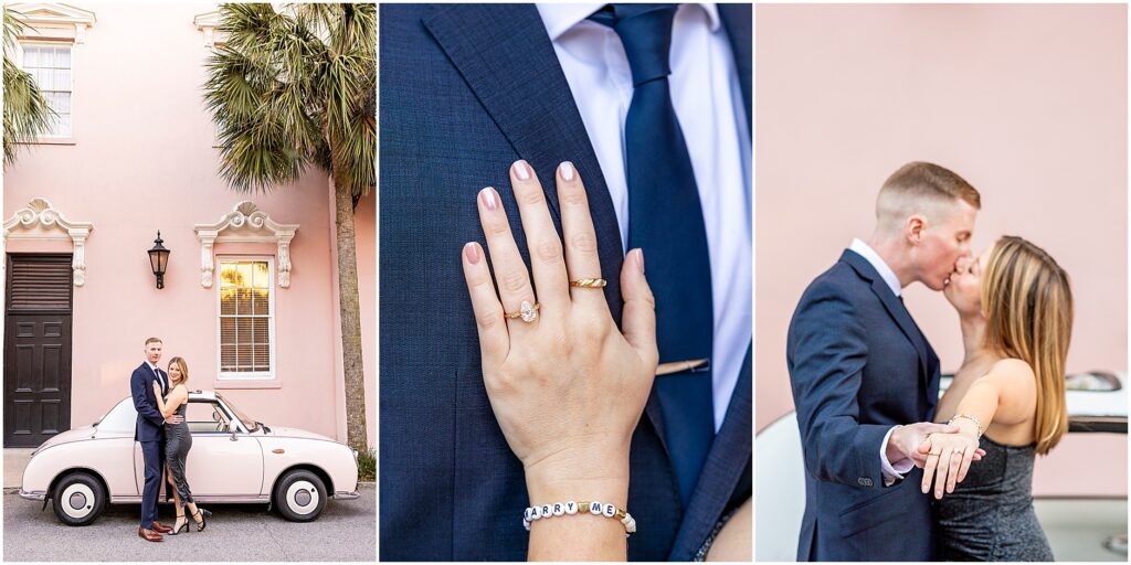 Matt and Taylor holding hands after their New Year’s Eve proposal in Charleston.