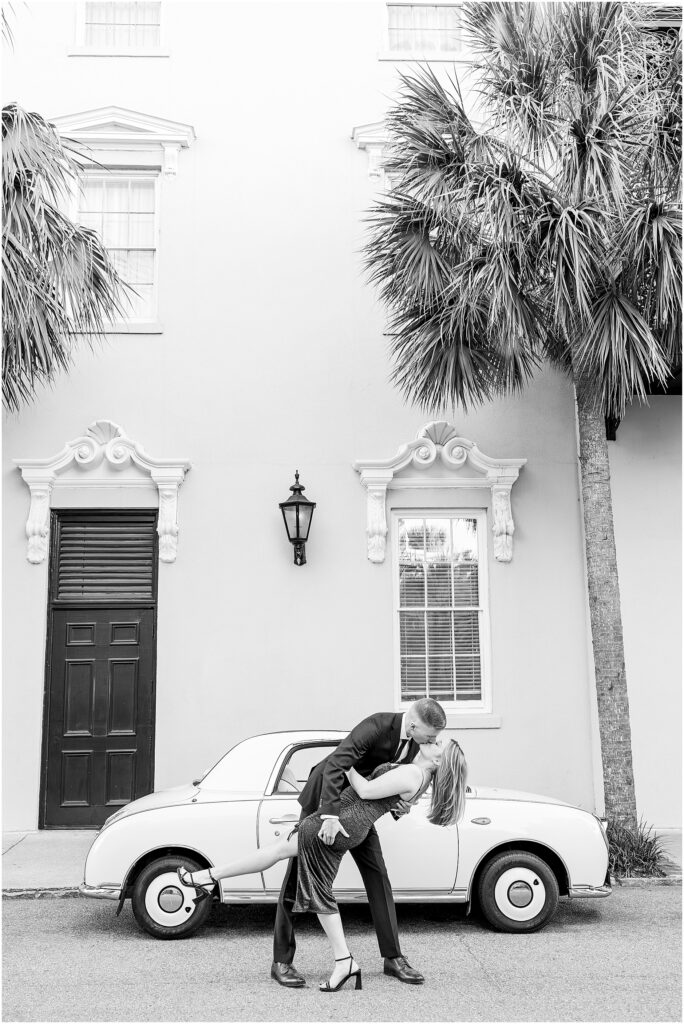Romantic portrait of Matt and Taylor outside The Pink Figgy in Charleston.