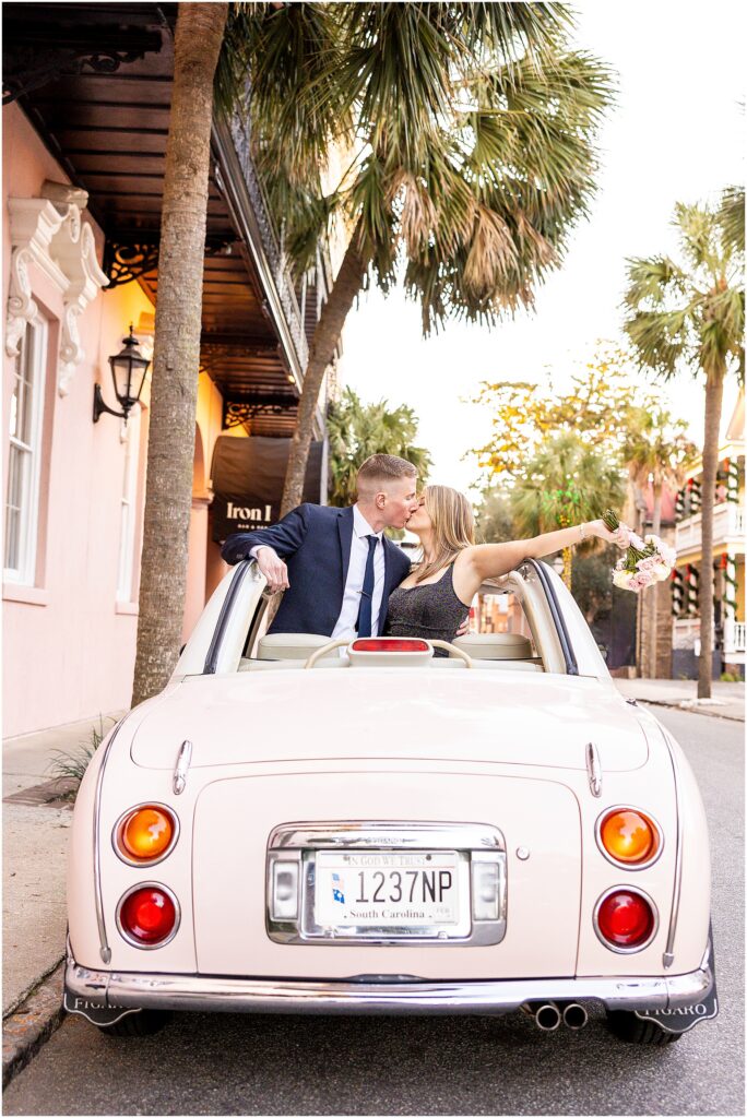 Matt and Taylor share a kiss in the back of The Pink Figgy outside of The Mills House in Charleston, SC.