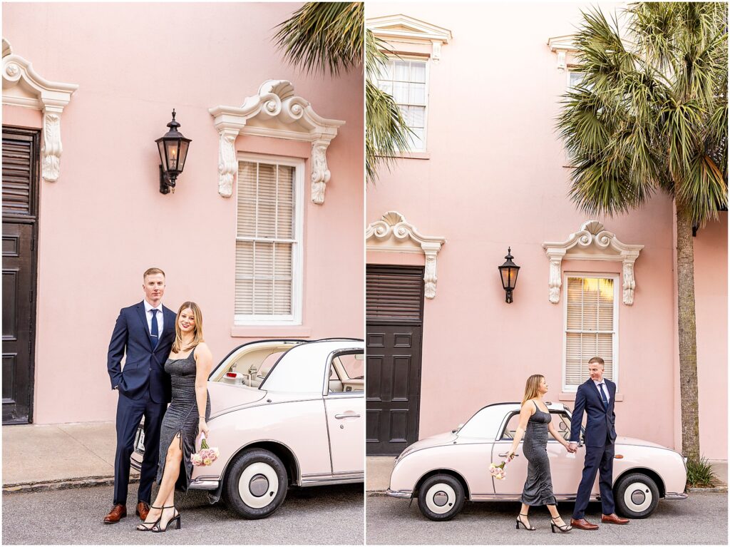 Matt and Taylor walking together, newly engaged, in downtown Charleston.
