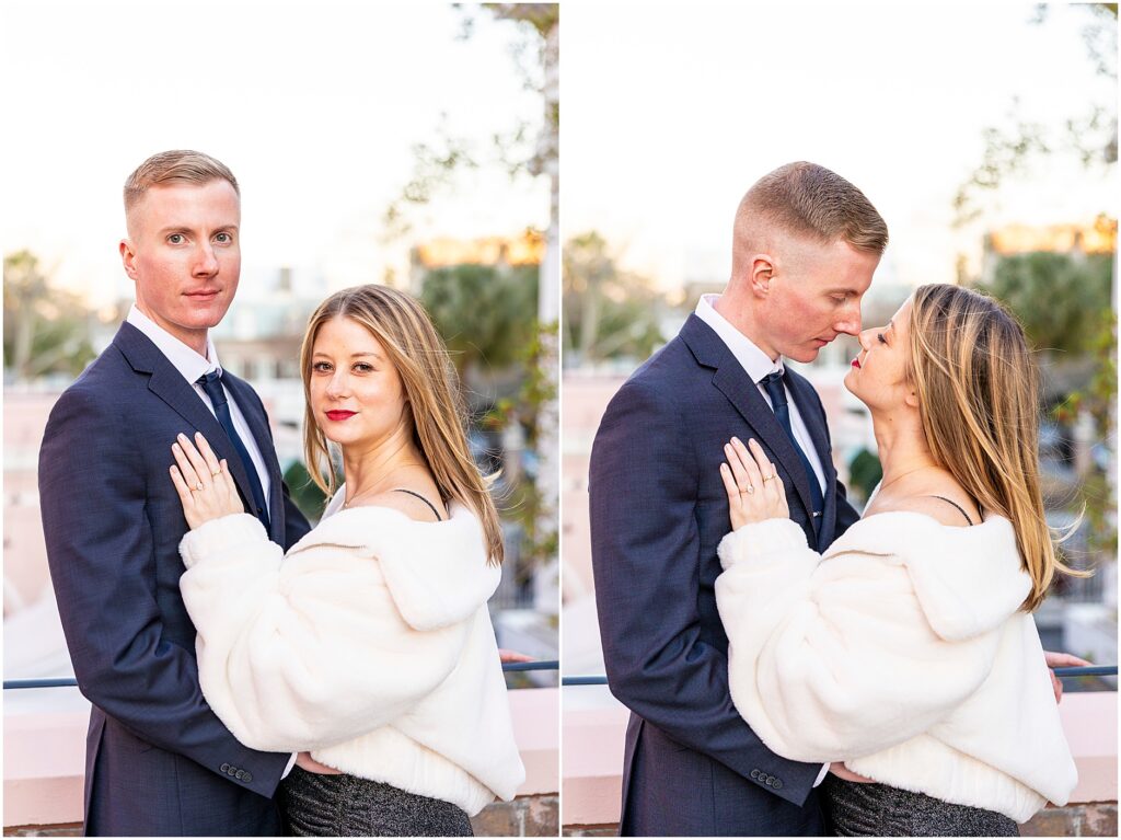 Matt and Taylor standing together at The Mills House after their engagement.