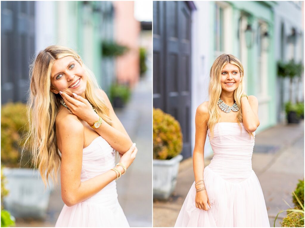 Full-length shot of Bella under a shaded archway near Rainbow Row for her Charleston senior portraits.