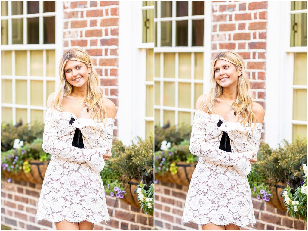Close-up of Bella’s profile with soft morning sunlight near Rainbow Row for her senior portraits.