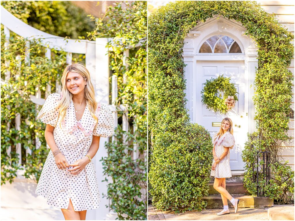 Bella sitting on a staircase near Rainbow Row with her dress draped elegantly for senior portraits.