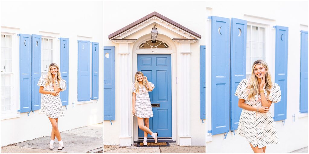 Full-length portrait of Bella on a quiet Tradd Street, hands in pockets, for her Charleston senior session.