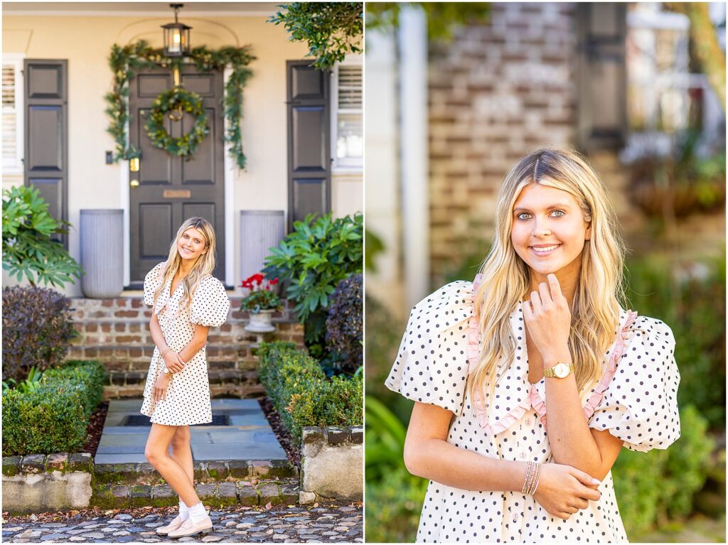 Bella walking down a cobblestone street near Rainbow Row with her dress flowing during her Charleston senior session.