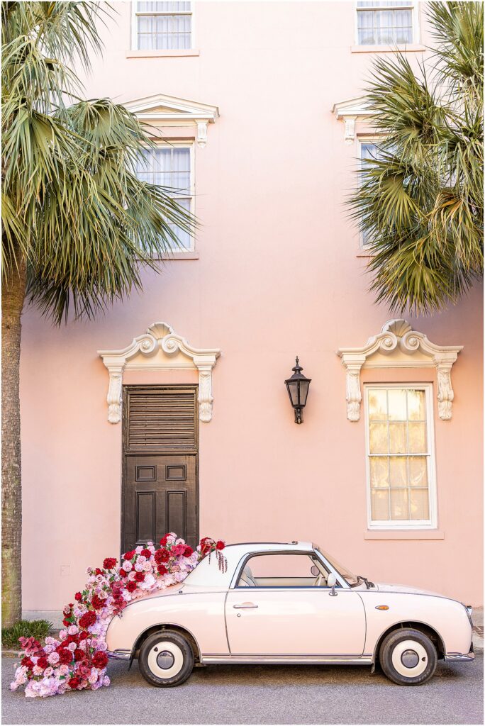 The Pink Figgy dressed in red and pink florals from The Charleston Petal parked at the Mills House Hotel on Queen Street in Downtown Charleston, South Carolina