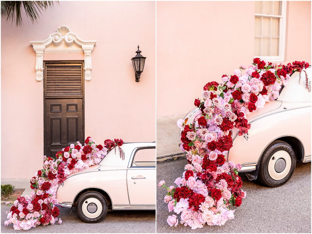 Close-up shots of The Pink Figgy dressed in red and pink florals from The Charleston Petal parked at the Mills House Hotel on Queen Street in Downtown Charleston, South Carolina