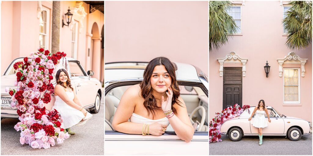 Senior session in Charleston, South Carolina, at the Mills House Hotel with The Pink Figgy, a vintage pink car, and florals from The Charleston Petal.