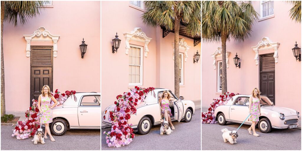 Chrissie’s mini session at The Mills House Hotel Charleston featuring her dog Oreo with playful props from The Pink Figgy and florals by The Charleston Petal.