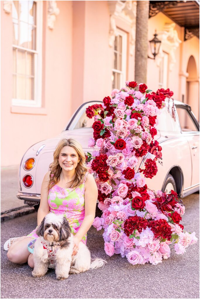 Chrissie and Oreo mini session in Charleston at The Mills House Hotel featuring The Pink Figgy props and The Charleston Petal floral design.