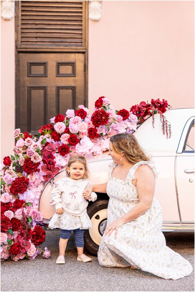 Charleston mommy and me mini session with branding photography featuring The Pink Figgy props and The Charleston Petal flowers.
