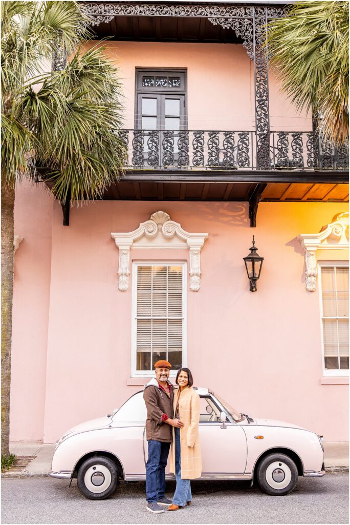Letitia & Sanjay embracing in the courtyard of The Mills House Charleston on Valentine’s Day.