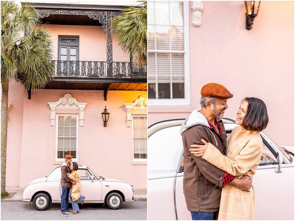 25th wedding anniversary couple laughing together at The Mills House Charleston.