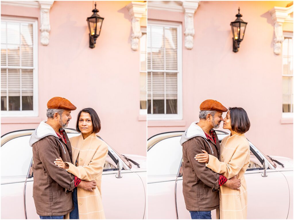Valentine’s Day anniversary photos at The Mills House with pink architecture backdrop.