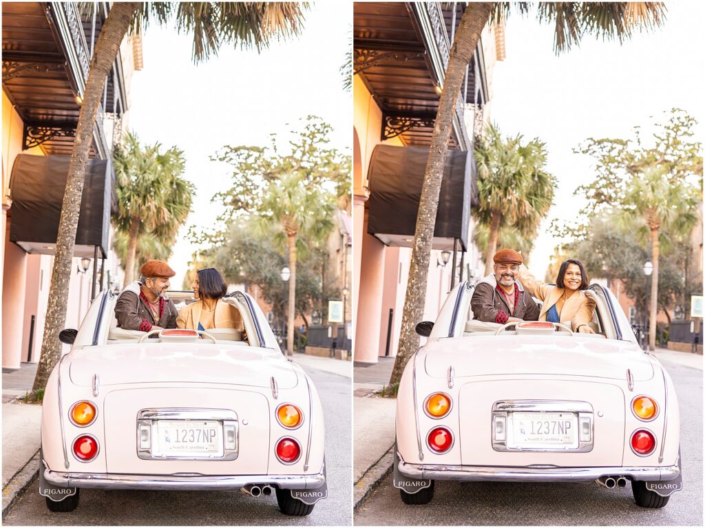 Charleston anniversary photoshoot on Valentine’s Day with joyful couple.
