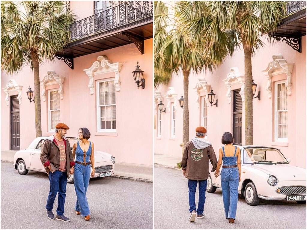 Romantic couple holding hands with soft sunlight at The Mills House Charleston.