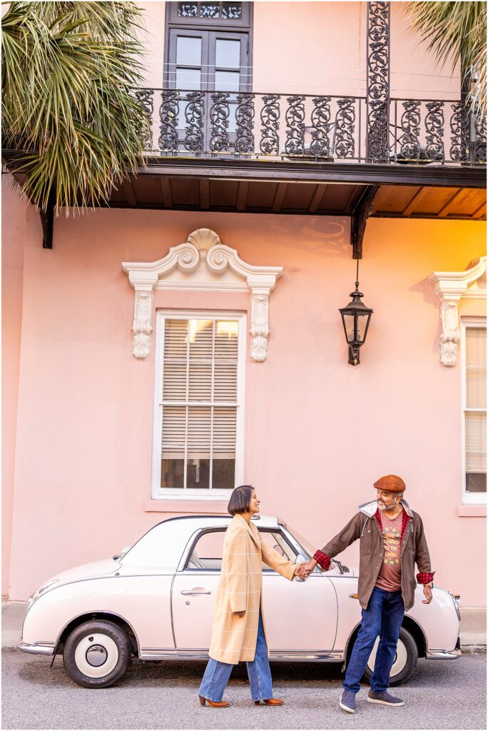 Anniversary photos outside The Mills House Charleston on Valentine’s Day.