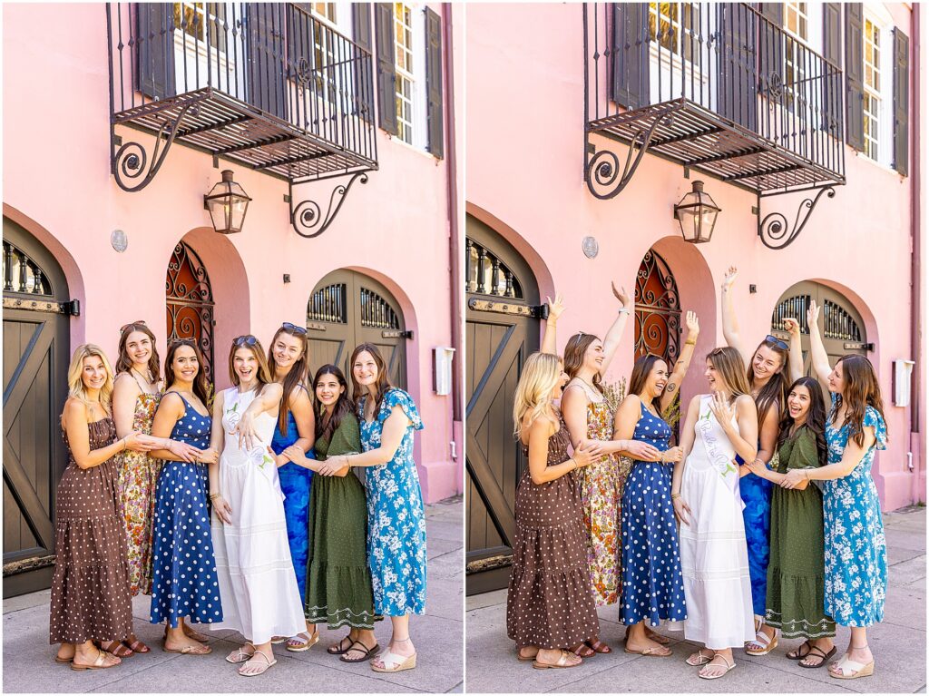 Bridesmaids celebrating the bride in front of historic Rainbow Row homes in Charleston