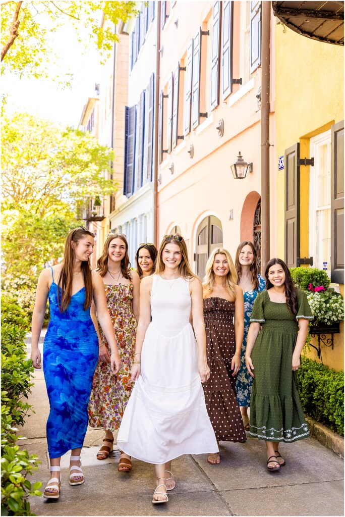 Charleston bachelorette party photos with bride wearing “bride to be” sash and bridesmaids in sundresses