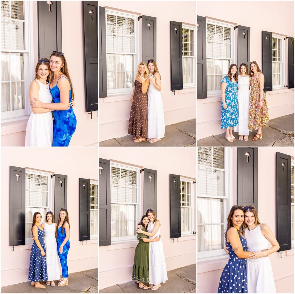 Group photos of bachelorette party on Rainbow Row with colorful historic houses in background
