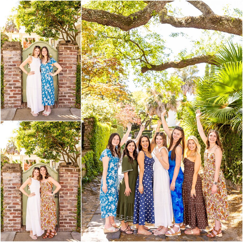 Bride and bridesmaids posing in soft evening light on Rainbow Row in Charleston