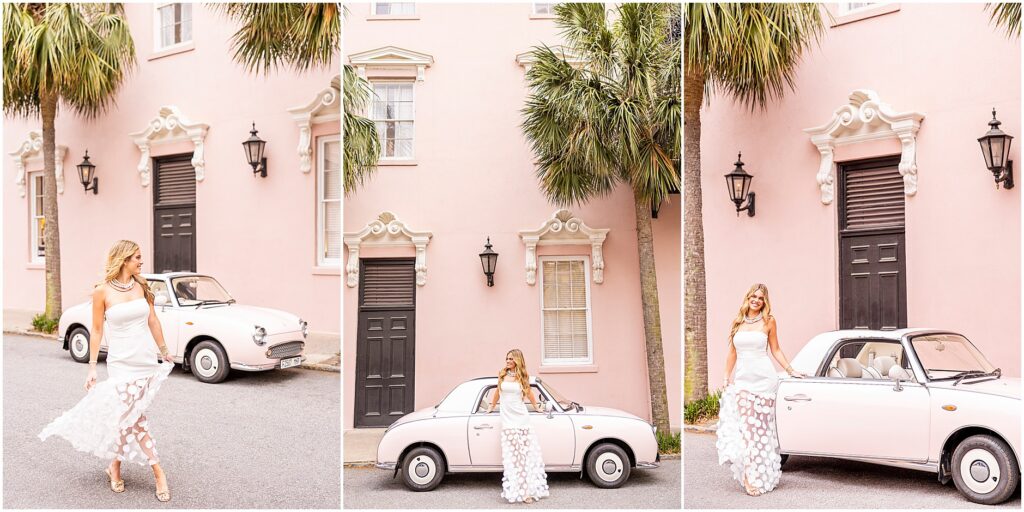 Downtown Charleston senior portrait at the iconic Mills House Hotel with the famous Pink Figgy