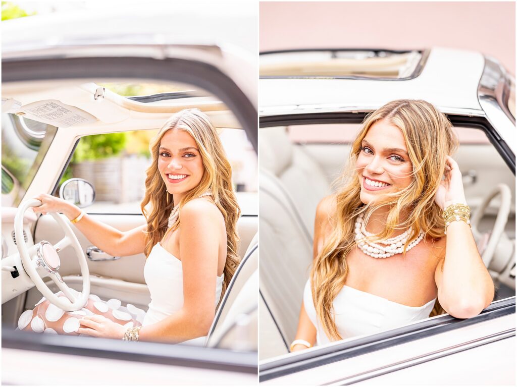 Fun senior photos with The Pink Figgy, a vintage car in Charleston South Carolina