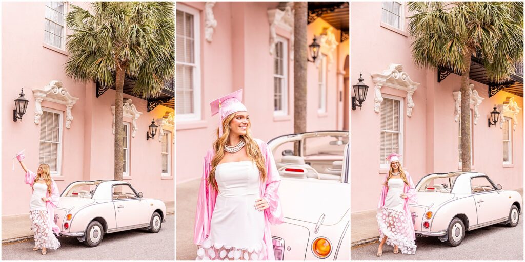 High school senior photos with a pink cap and gown outside the Mills House Hotel and with The Pink Figgy in Charleston