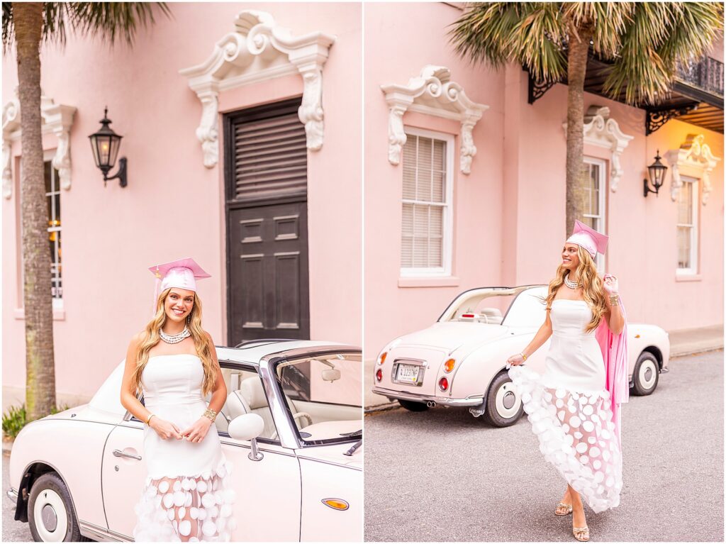 Classic graduation photos of a high school senior wearing a pink cap and gown as she poses with The Pink Figgy outside the Mills House Hotel in Charleston, South Carolina