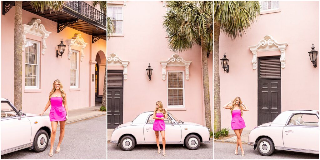 Charleston senior photos at Mills House Hotel with pink walls and palm trees