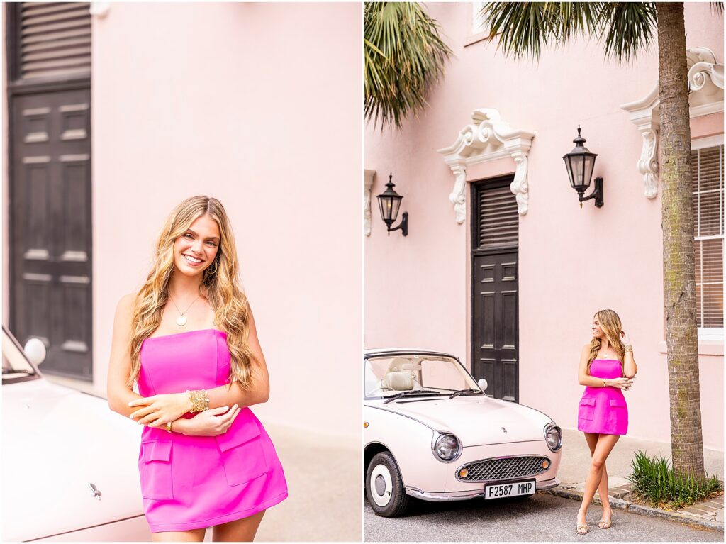 Joyful senior photos of a high school girl in a pink dress, set against The Pink Figgy and the Mills House Hotel in Charleston, SC