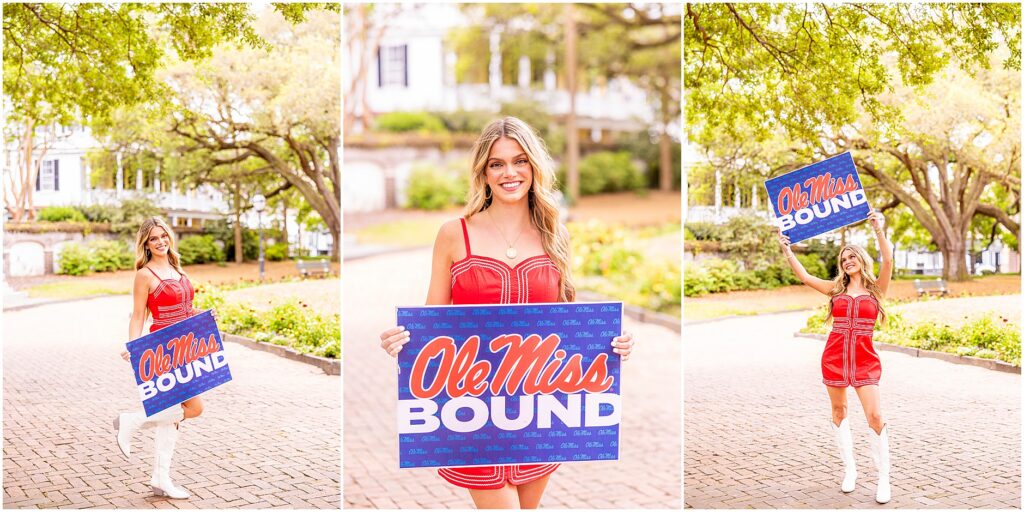 High school senior portraits in Charleston park with soft natural light and an Ole Miss bound sign