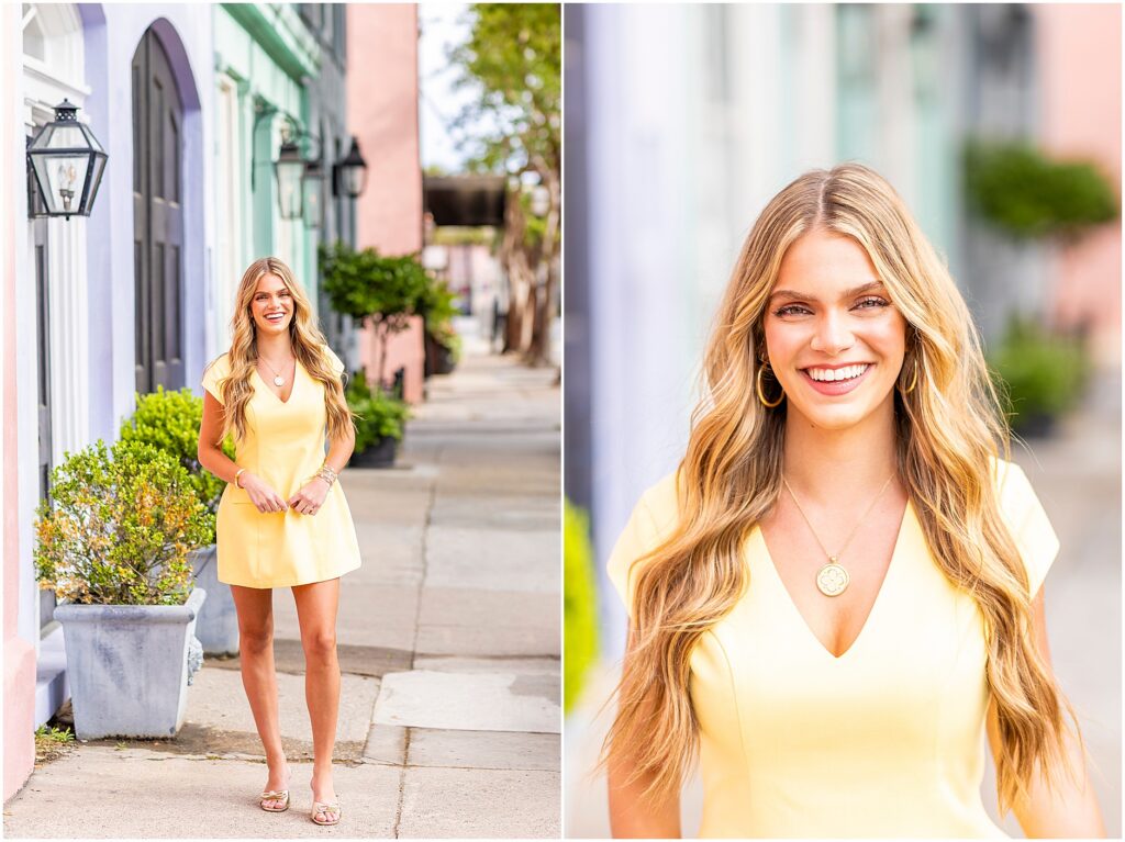 Classic senior photos at Rainbow Row in Charleston with pastel historic homes