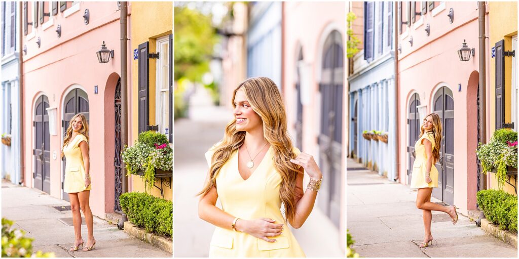 High school senior posing in front of colorful houses on Rainbow Row Charleston