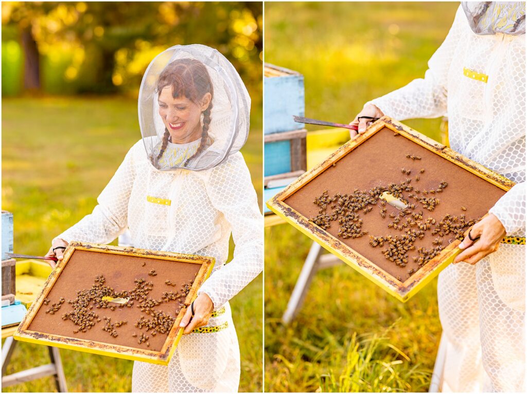 Lifestyle brand photos of beekeeper wearing protective suit in Charleston, SC