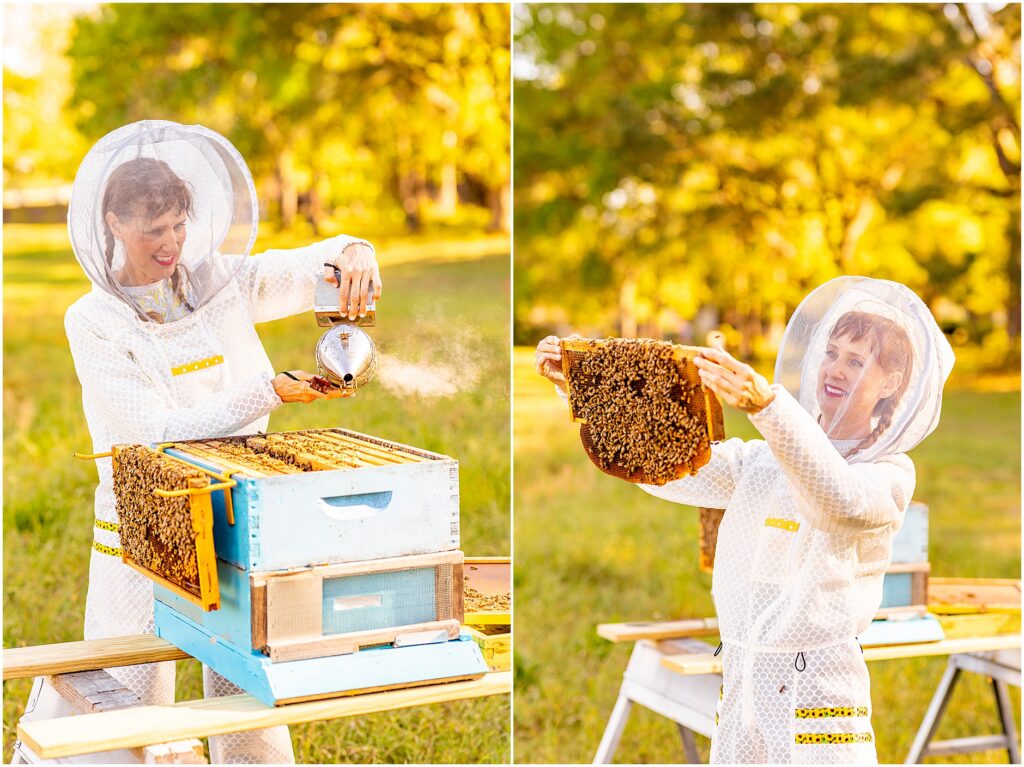 Female beekeeper working in the field wearing protective suit for brand photography session in Charleston, South Carolina