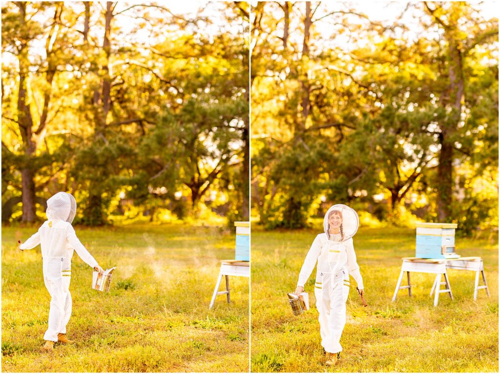 Lifestyle brand photos of beekeeper wearing protective suit in the field in Charleston SC