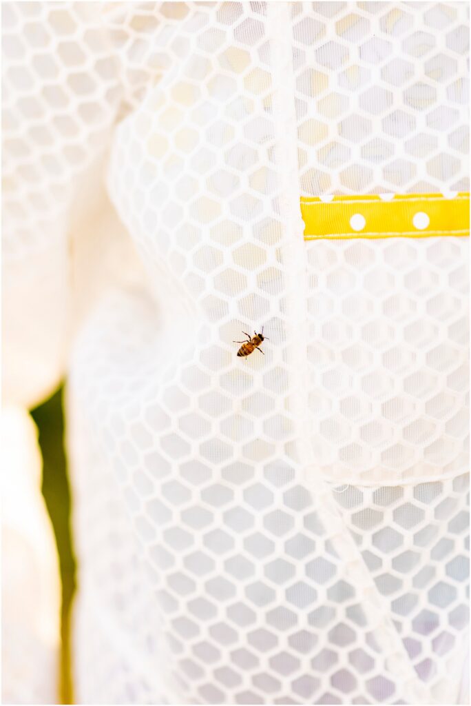 Close-up detail of beekeeping suit fabric and design of Jeometry Beewear™ during photoshoot with a Charleston brand photographer, Mary Kathleen Photography