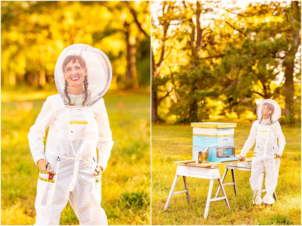 Charleston SC brand photographer capturing lifestyle product images outdoors of Jeometry Beewear™ a women's beekeeping suit company