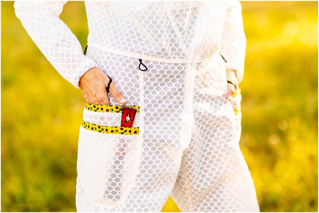 Close-up detail of beekeeping suit fabric and design of Jeometry Beewear™ Sunny Suit during a Charleston brand photography photoshoot